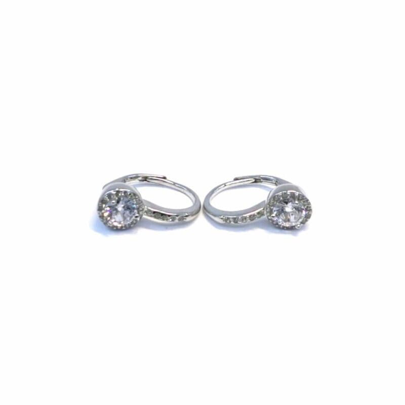 Round white stone leverback earrings in hallmarked, rhodium-plated 925 sterling silver – front and side views – DRESCHER Jewellery®