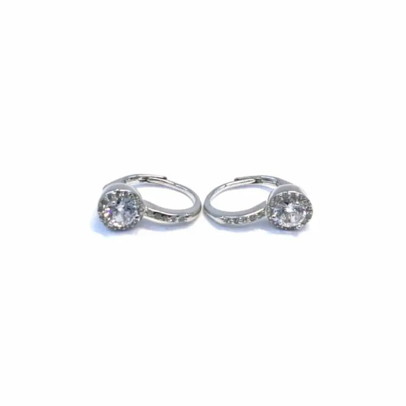 Round white stone leverback earrings in hallmarked, rhodium-plated 925 sterling silver – front and side views – DRESCHER Jewellery®