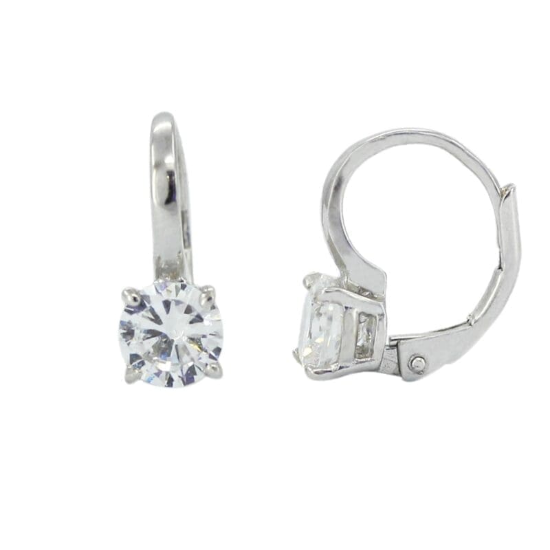 Square white stone leverback earrings in hallmarked, rhodium-plated 925 sterling silver – front and side views – DRESCHER Jewellery®