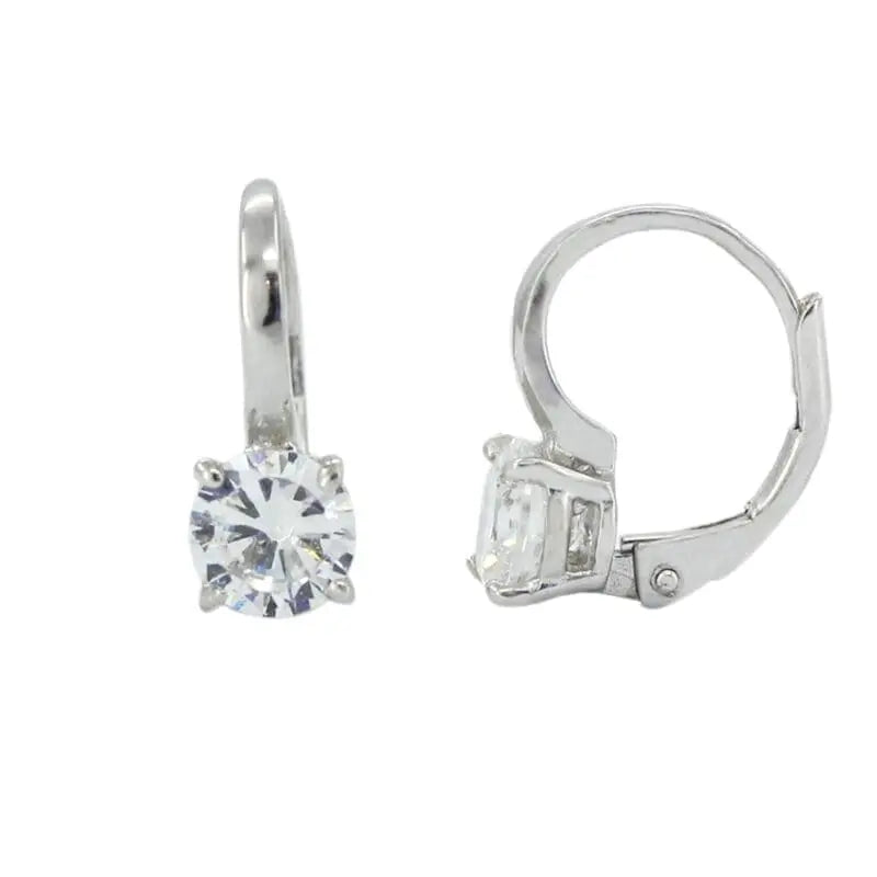 Square white stone leverback earrings in hallmarked, rhodium-plated 925 sterling silver – front and side views – DRESCHER Jewellery®