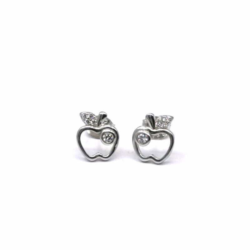white stone apple contour earrings in hallmarked, rhodium-plated 925 sterling silver – front view – DRESCHER Jewellery®