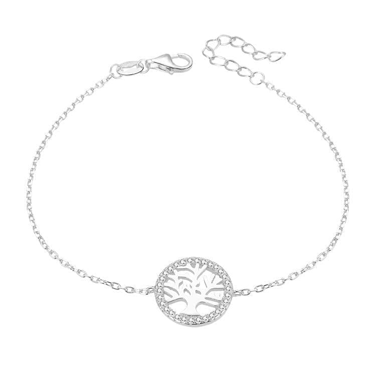 white stone anchor chain bracelet with tree of life in hallmarked, rhodium-plated 925 sterling silver – full front view – DRESCHER Jewellery®