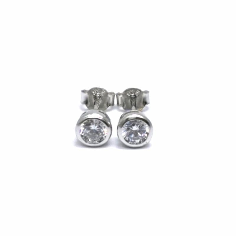 white stone button earrings in hallmarked, rhodium-plated 925 sterling silver – alternate front view – DRESCHER Jewellery®