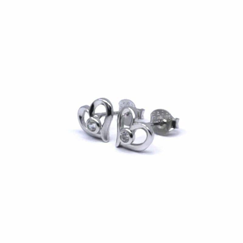 White stone heart-contour stud earrings in hallmarked, rhodium-plated 925 sterling silver – angled view – DRESCHER Jewellery®