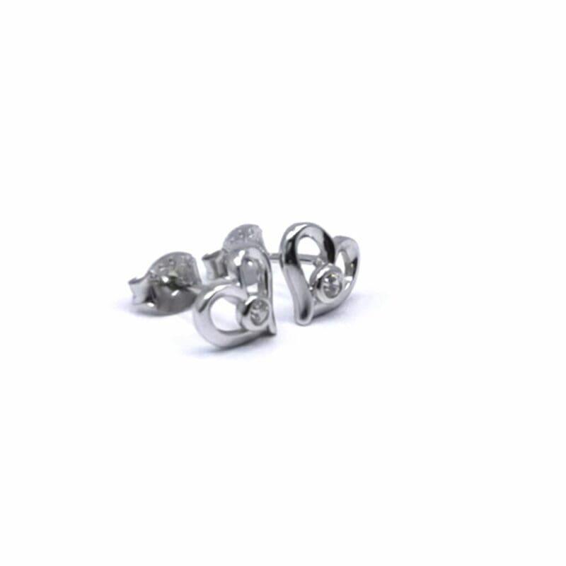 White stone heart-contour stud earrings in hallmarked, rhodium-plated 925 sterling silver – back view – DRESCHER Jewellery®