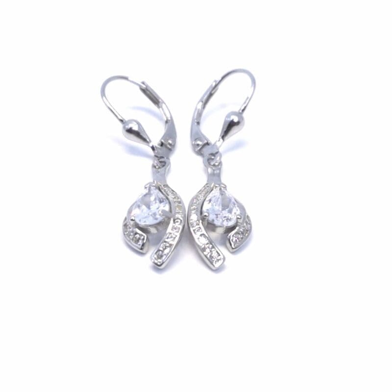 Teardrop white stone dangle leverback earrings in hallmarked, rhodium-plated 925 sterling silver – front view – DRESCHER Jewellery®
