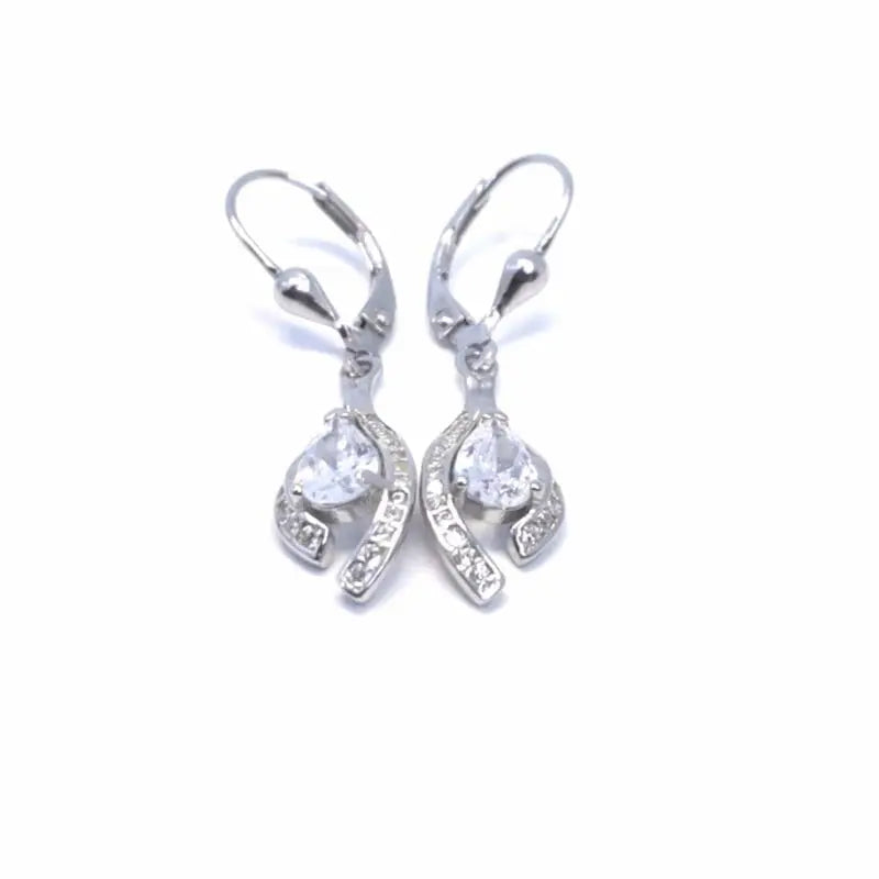 Teardrop white stone dangle leverback earrings in hallmarked, rhodium-plated 925 sterling silver – front view – DRESCHER Jewellery®