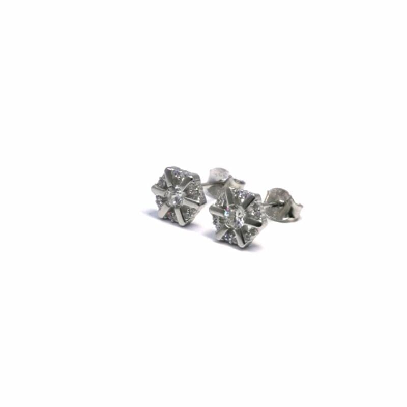 White stone star stud earrings in hallmarked, rhodium-plated 925 sterling silver – angled view – DRESCHER Jewellery®