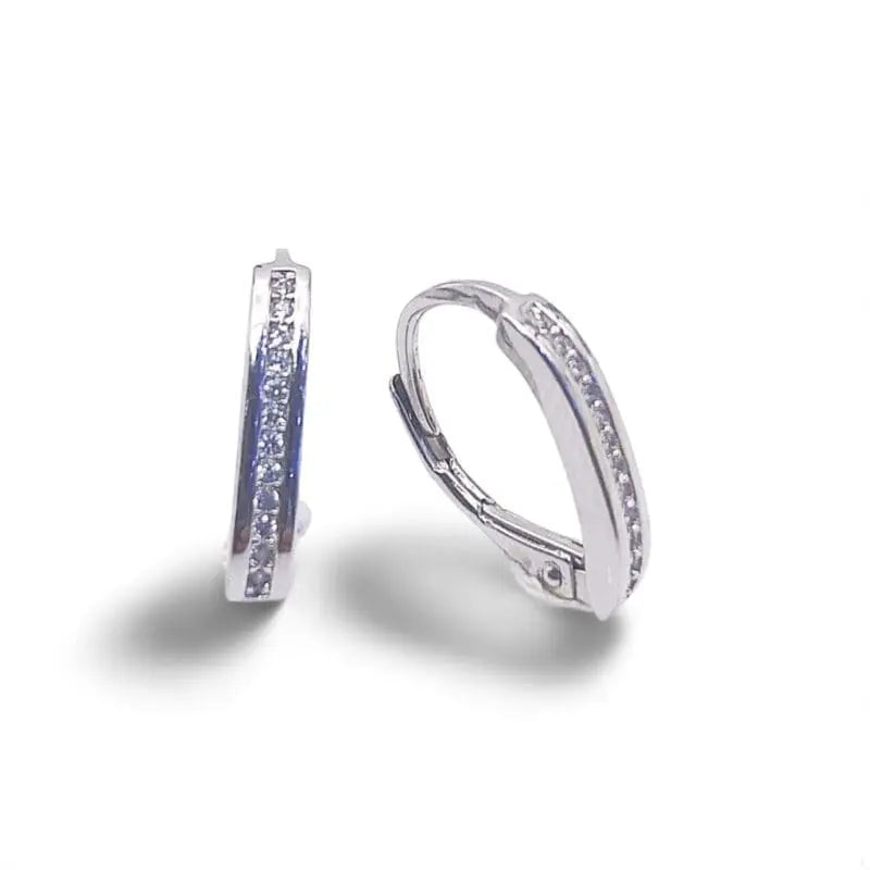 Single-row white stone patent-clasp earrings in hallmarked, rhodium-plated 925 sterling silver – front view – DRESCHER Jewellery®