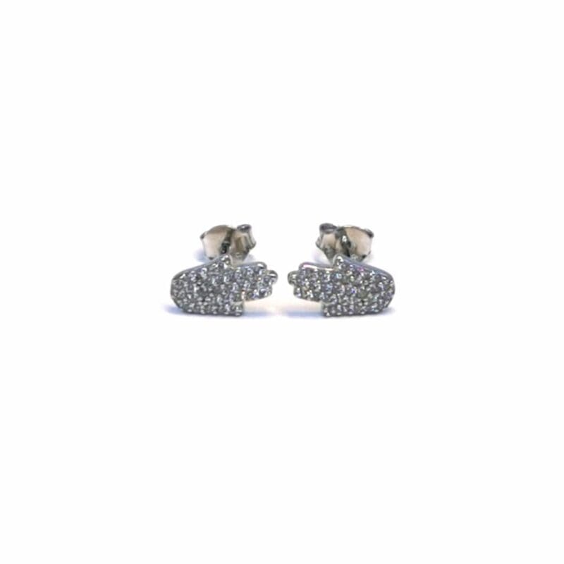 White stone Hand of Fatima stud earrings in hallmarked, rhodium-plated 925 sterling silver – front view – DRESCHER Jewellery®