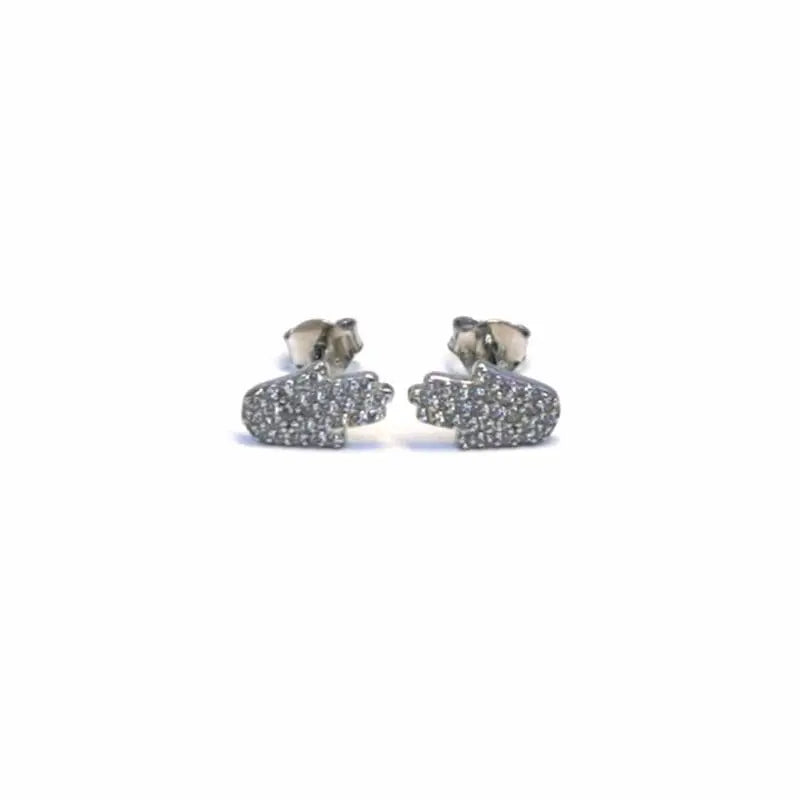 White stone Hand of Fatima stud earrings in hallmarked, rhodium-plated 925 sterling silver – front view – DRESCHER Jewellery®