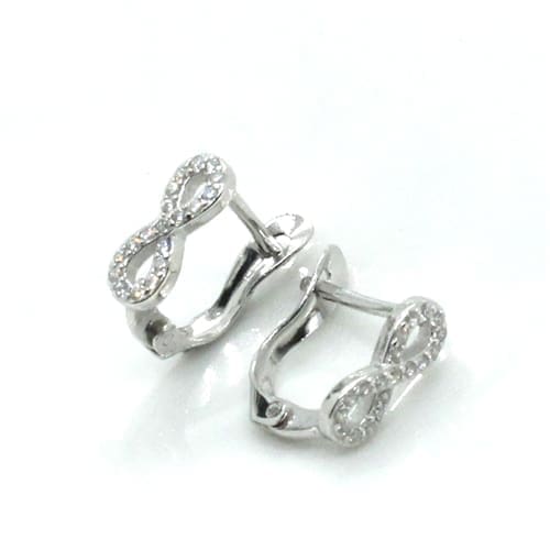 Infinity motif white stone French clasp earrings in hallmarked, rhodium-plated 925 sterling silver – front and side views – DRESCHER Jewellery®