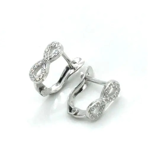Infinity motif white stone French clasp earrings in hallmarked, rhodium-plated 925 sterling silver – front and side views – DRESCHER Jewellery®