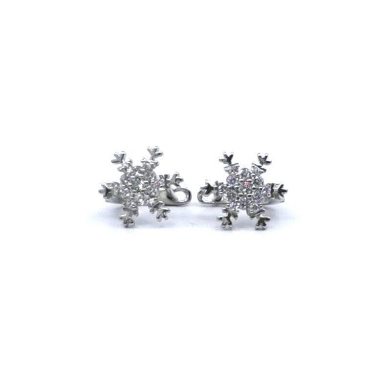 White stone snowflake French clasp earrings in hallmarked, rhodium-plated 925 sterling silver – front view – DRESCHER Jewellery®
