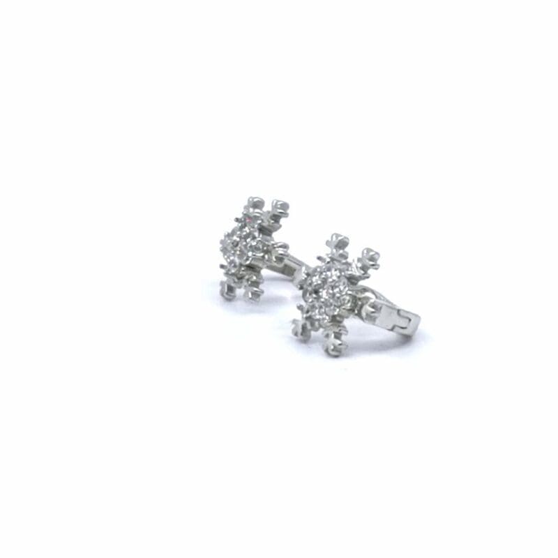 White stone snowflake French clasp earrings in hallmarked, rhodium-plated 925 sterling silver – angled view – DRESCHER Jewellery®