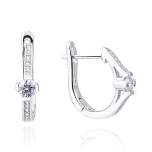 Round white stone French clasp earrings in hallmarked, rhodium-plated 925 sterling silver – front and side views – DRESCHER Jewellery®