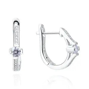 Round white stone French clasp earrings in hallmarked, rhodium-plated 925 sterling silver – front and side views – DRESCHER Jewellery®