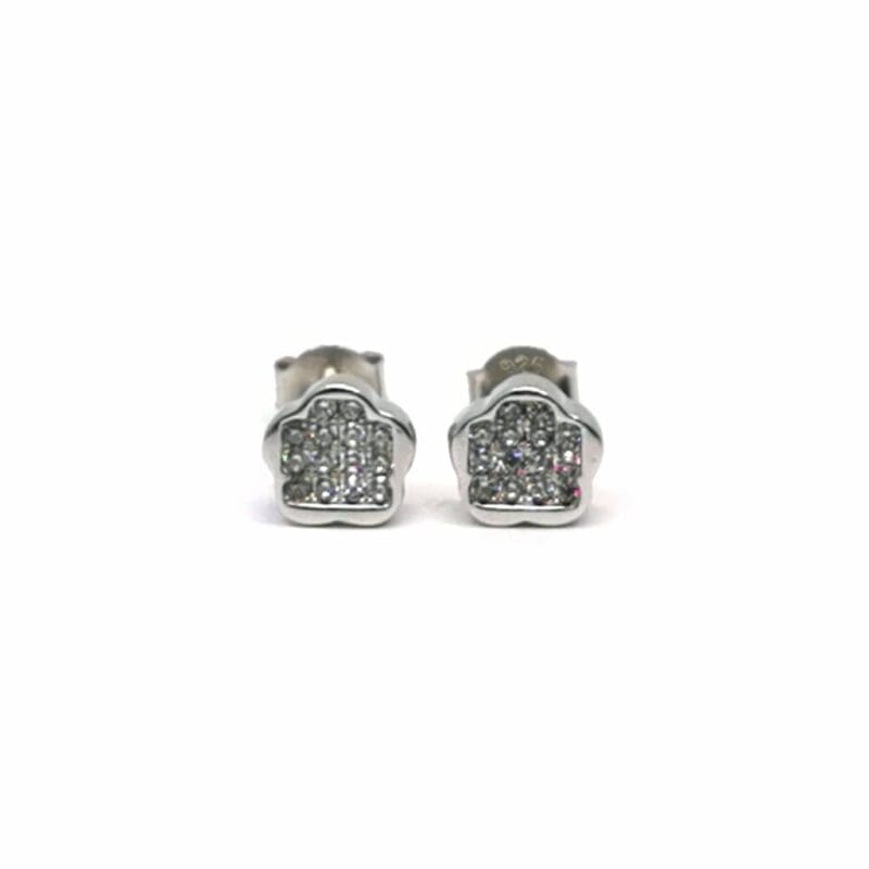 Pavé white stone flower stud earrings in hallmarked, rhodium-plated 925 sterling silver – front view – DRESCHER Jewellery®
