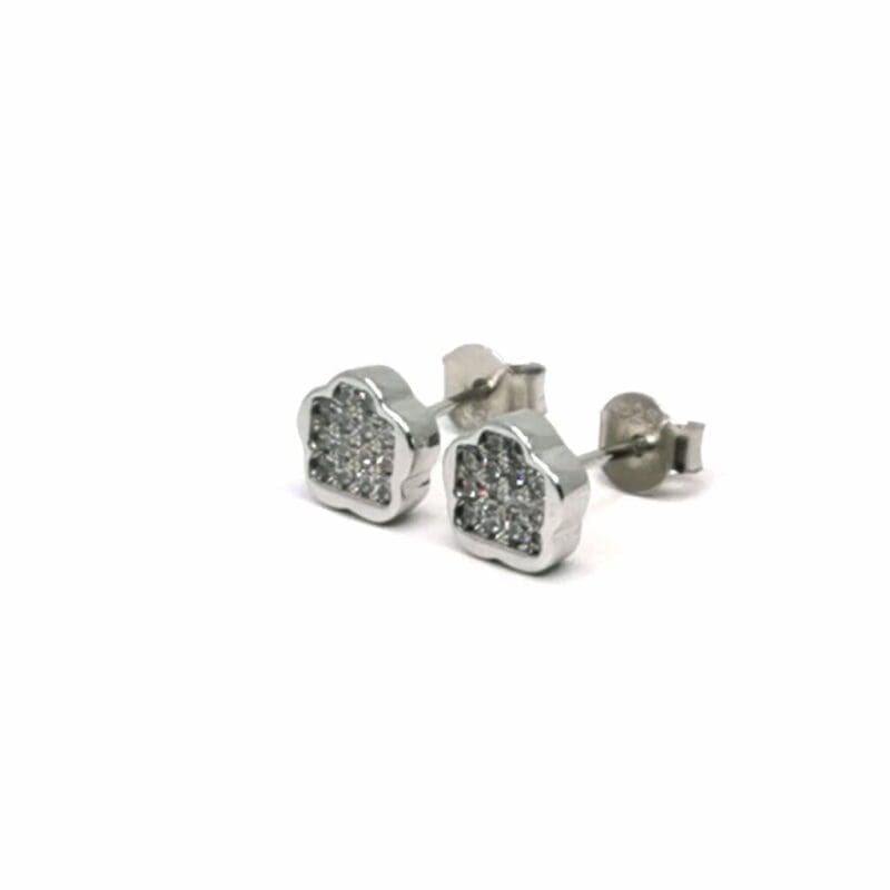 Pavé white stone flower stud earrings in hallmarked, rhodium-plated 925 sterling silver – angled view – DRESCHER Jewellery®