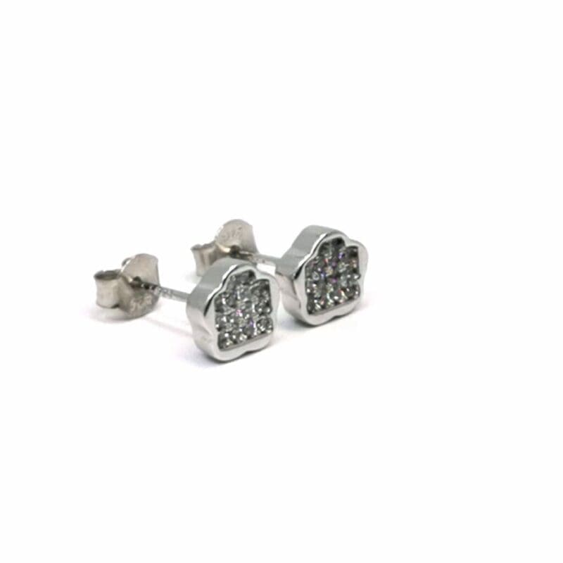 Pavé white stone flower stud earrings in hallmarked, rhodium-plated 925 sterling silver – back view – DRESCHER Jewellery®