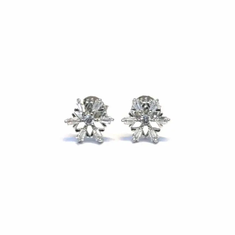 White stone snowflake stud earrings in hallmarked, rhodium-plated 925 sterling silver – front view – DRESCHER Jewellery®