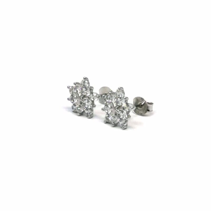 White stone snowflake stud earrings in hallmarked, rhodium-plated 925 sterling silver – angled view – DRESCHER Jewellery®