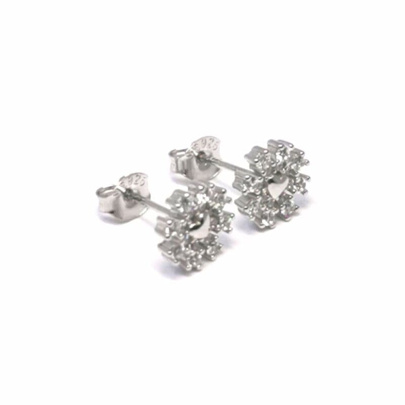 White stone snowflake stud earrings in hallmarked, rhodium-plated 925 sterling silver – back view – DRESCHER Jewellery®