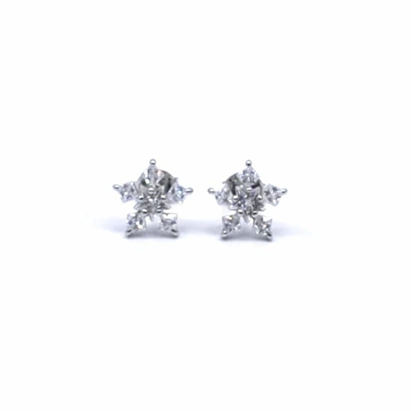 White stone geometric snowflake stud earrings in hallmarked, rhodium-plated 925 sterling silver – front view – DRESCHER Jewellery®
