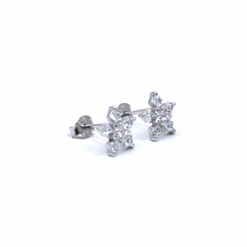 White stone geometric snowflake stud earrings in hallmarked, rhodium-plated 925 sterling silver – back view – DRESCHER Jewellery®