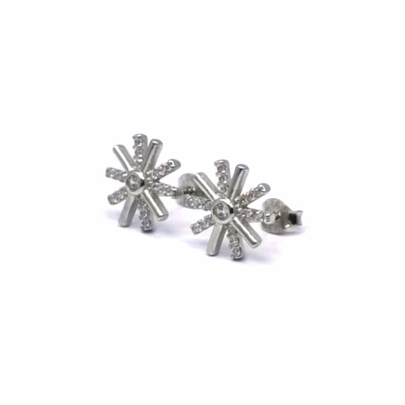 White stone snowflake stud earrings in hallmarked, rhodium-plated 925 sterling silver – angled view – DRESCHER Jewellery®