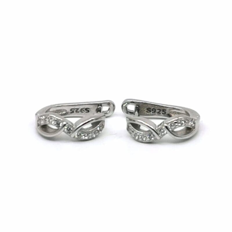 Wavy white stone small hoop earrings in hallmarked, rhodium-plated 925 sterling silver – front view – DRESCHER Jewellery®