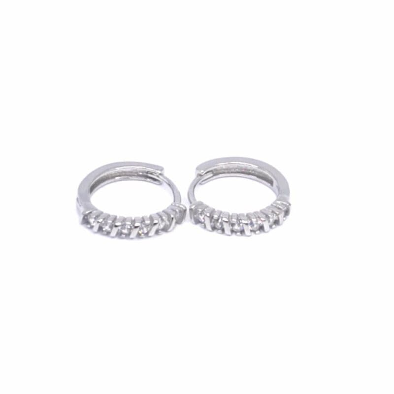 White stone small hoop earrings in hallmarked, rhodium-plated 925 sterling silver – front view – DRESCHER Jewellery®