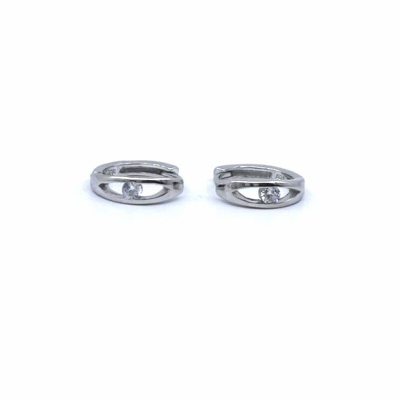 White stone small hoop earrings in hallmarked, rhodium-plated 925 sterling silver – front view – DRESCHER Jewellery®