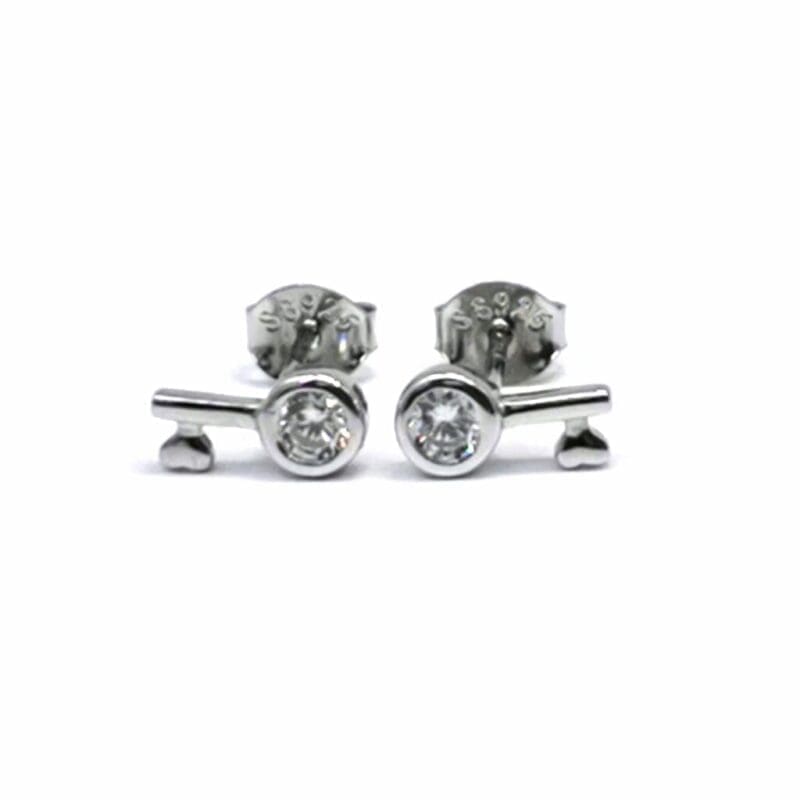 White stone key stud earrings in hallmarked, rhodium-plated 925 sterling silver – front view – DRESCHER Jewellery®
