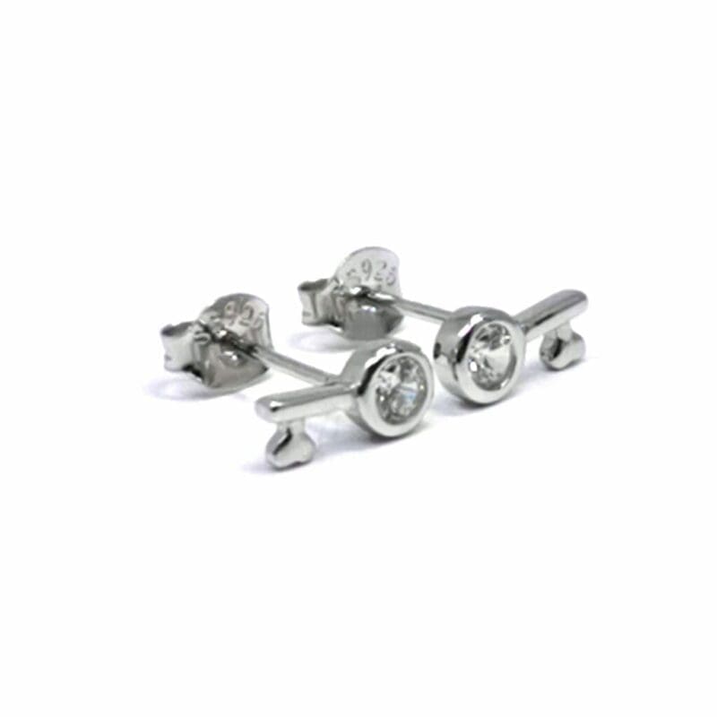 White stone key stud earrings in hallmarked, rhodium-plated 925 sterling silver – back view – DRESCHER Jewellery®