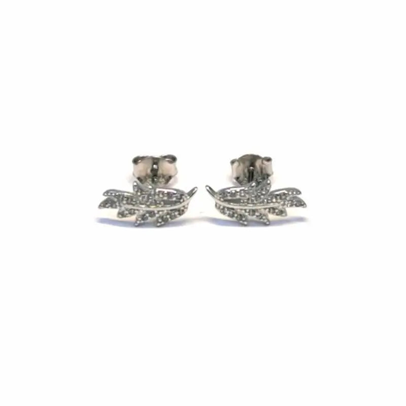 Silver white stone leaf stud earrings