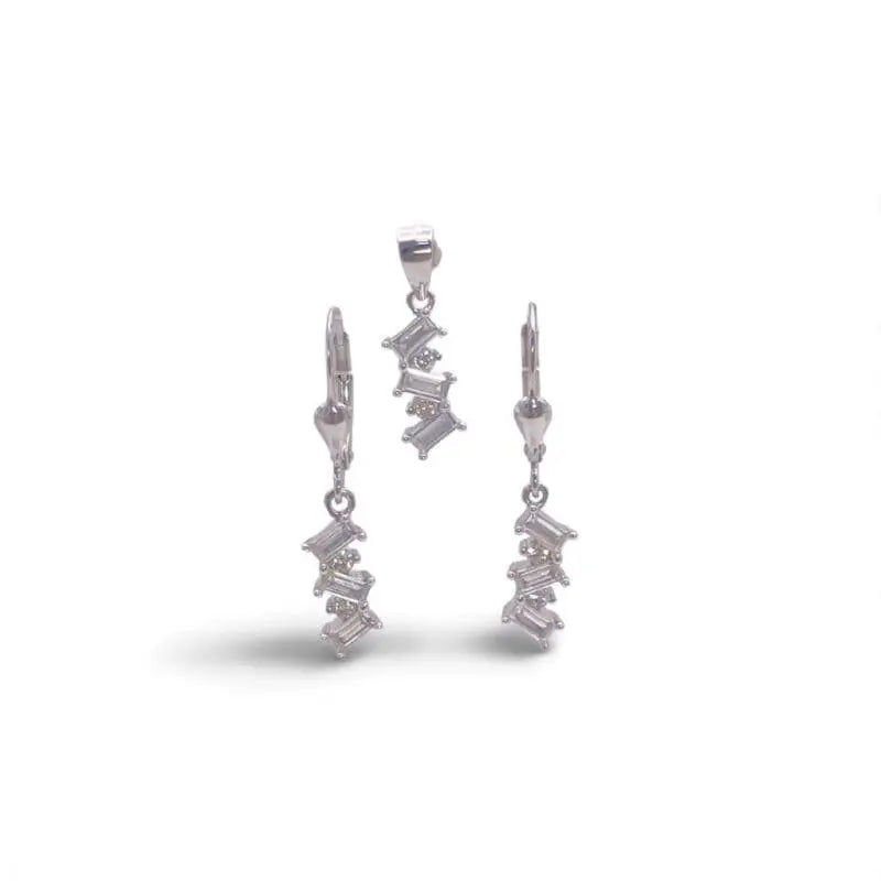 white stone hanging jewellery set in hallmarked, rhodium-plated 925 sterling silver – front view – DRESCHER Jewellery®