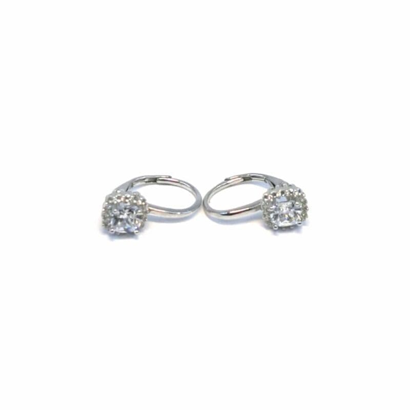Round white stone swirl leverback earrings in hallmarked, rhodium-plated 925 sterling silver – front and side views – DRESCHER Jewellery®