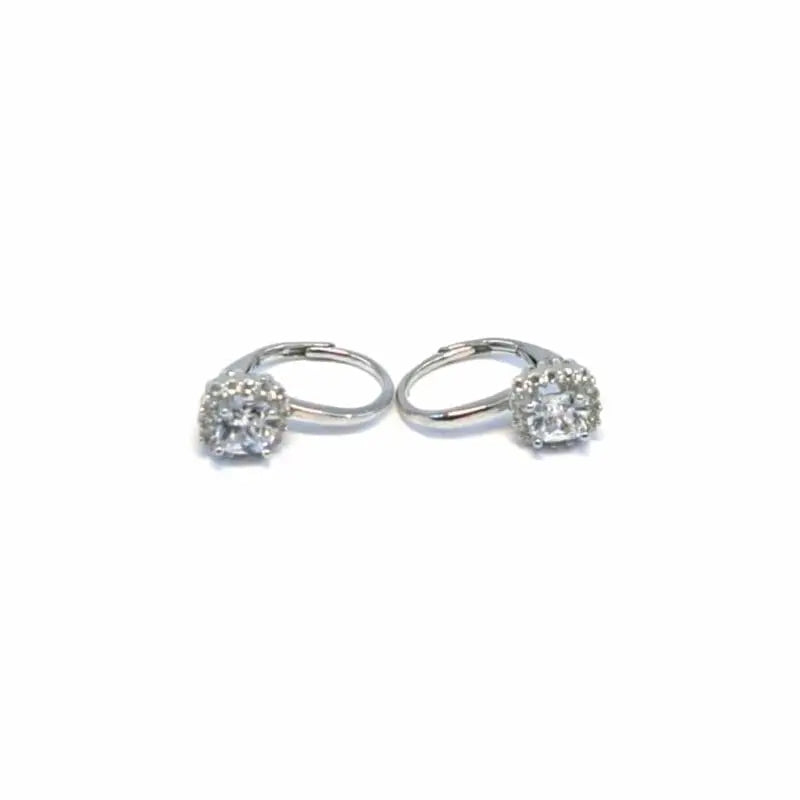 Round white stone swirl leverback earrings in hallmarked, rhodium-plated 925 sterling silver – front and side views – DRESCHER Jewellery®