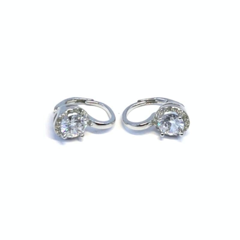 Round white stone swirl leverback earrings in hallmarked, rhodium-plated 925 sterling silver – front and side views – DRESCHER Jewellery®