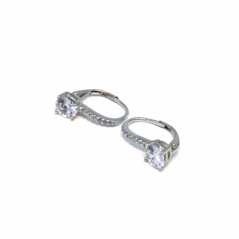 White stone leverback earrings in hallmarked, rhodium-plated 925 sterling silver – angled view – DRESCHER Jewellery®