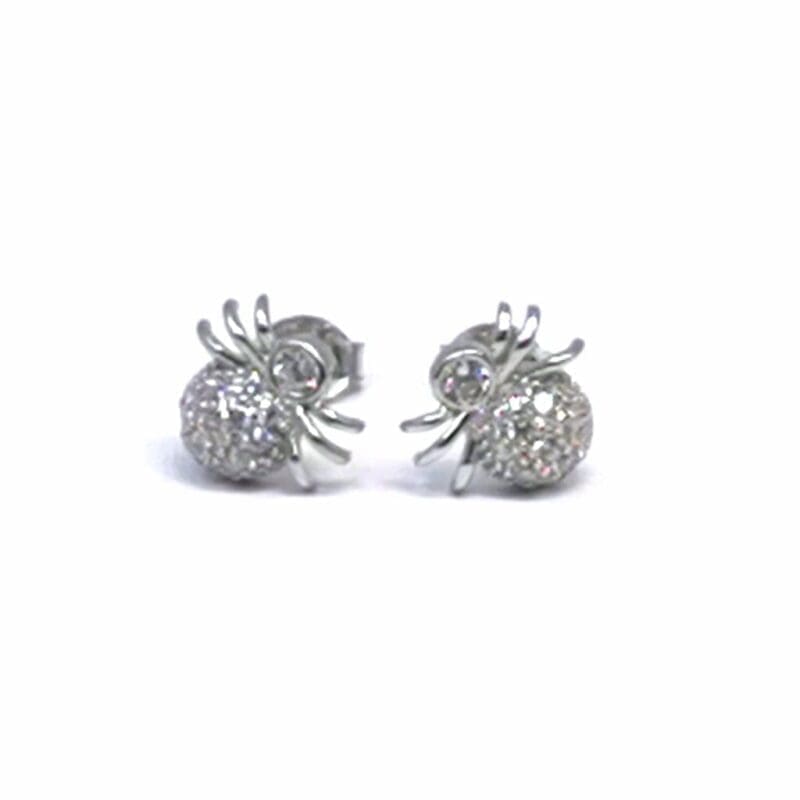 White stone spider stud earrings in hallmarked, rhodium-plated 925 sterling silver – front view – DRESCHER Jewellery®
