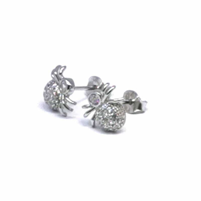 White stone spider stud earrings in hallmarked, rhodium-plated 925 sterling silver – angled view – DRESCHER Jewellery®