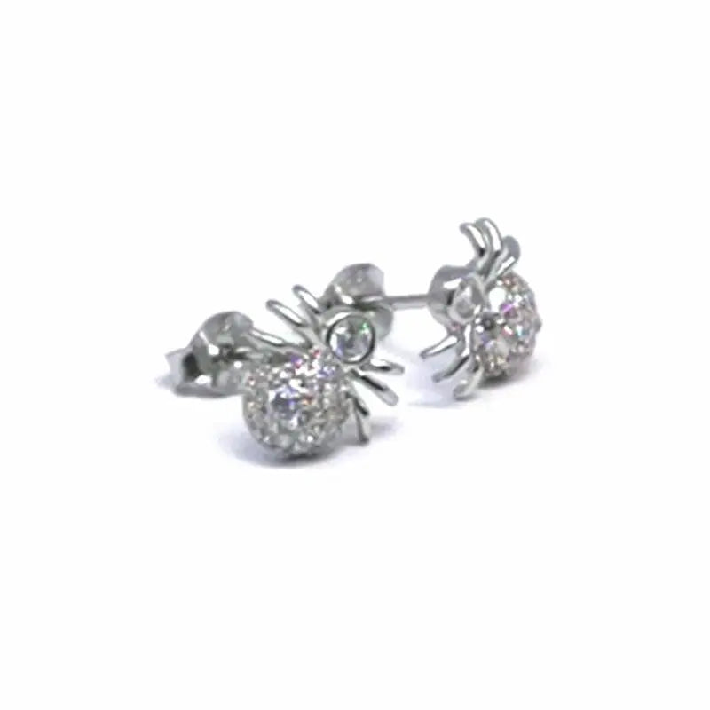 Silver white stone spider earrings