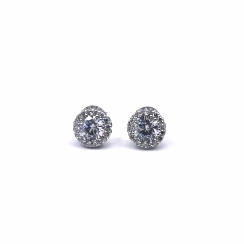 Round halo white stone stud earrings in hallmarked, rhodium-plated 925 sterling silver – front view – DRESCHER Jewellery®