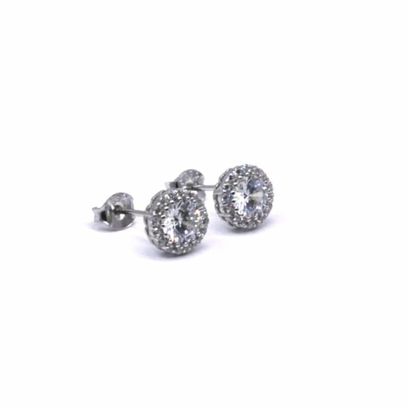 Round halo white stone stud earrings in hallmarked, rhodium-plated 925 sterling silver – back view – DRESCHER Jewellery®