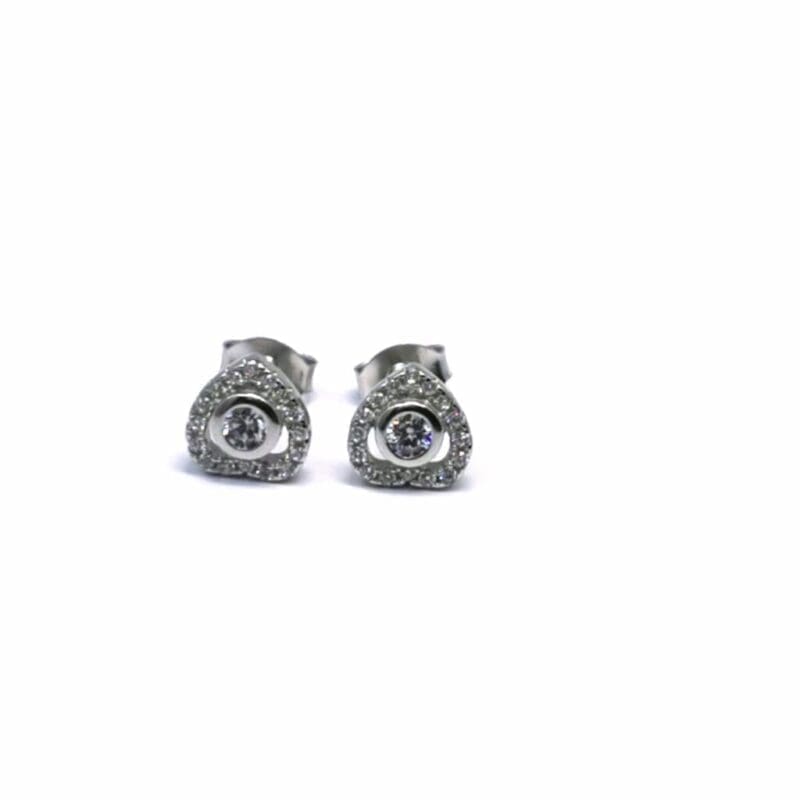 White stone heart stud earrings in hallmarked, rhodium-plated 925 sterling silver – front view – DRESCHER Jewellery®