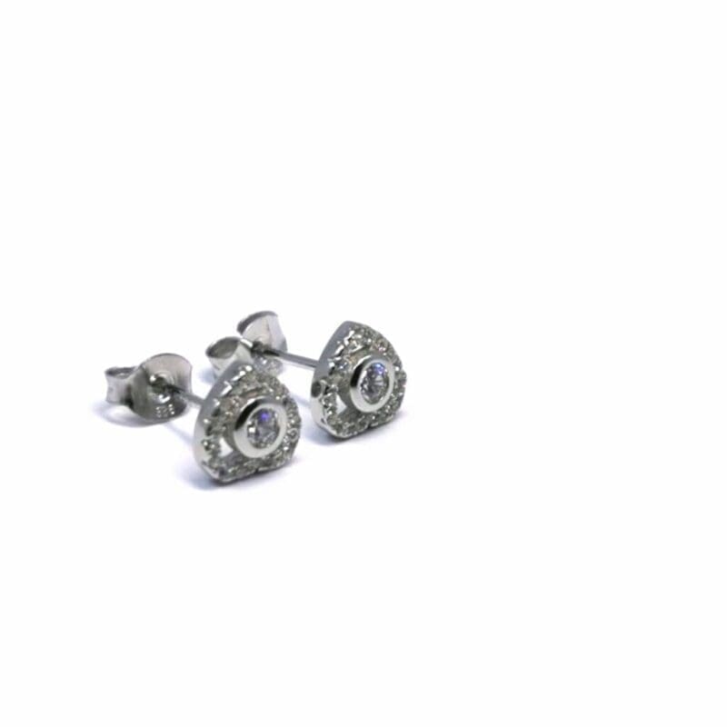 White stone heart stud earrings in hallmarked, rhodium-plated 925 sterling silver – back view – DRESCHER Jewellery®