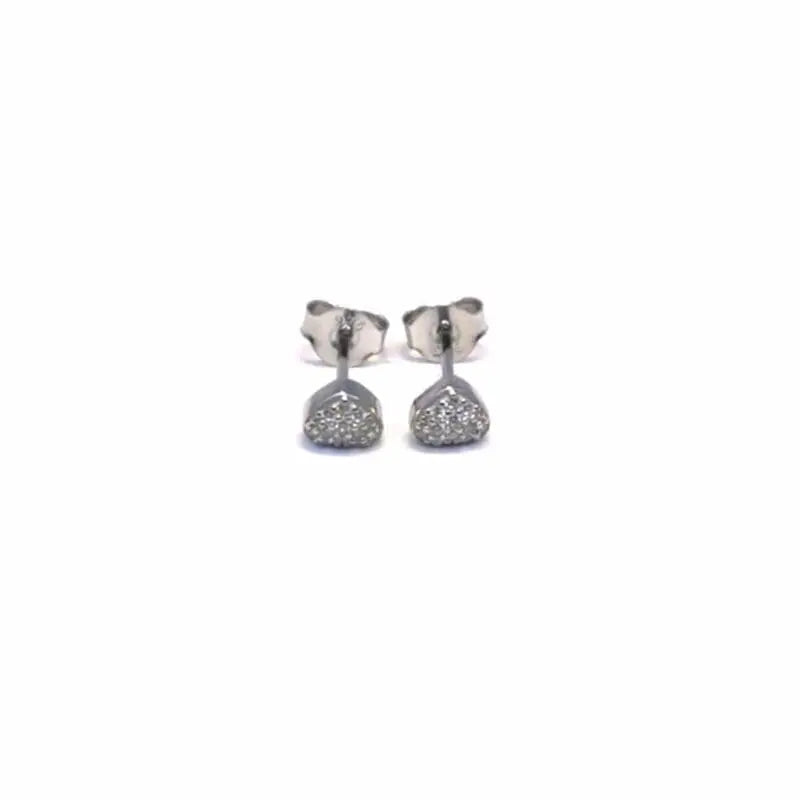 Pavé white stone heart stud earrings in hallmarked, rhodium-plated 925 sterling silver – front view – DRESCHER Jewellery®