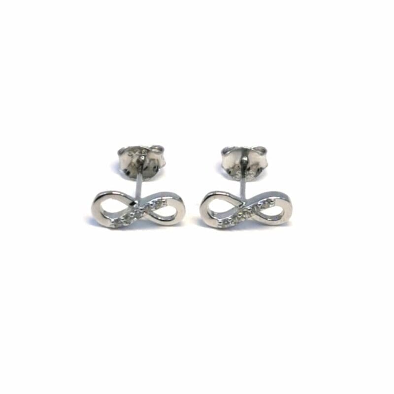 Infinity motif white stone stud earrings in hallmarked, rhodium-plated 925 sterling silver – front view – DRESCHER Jewellery®